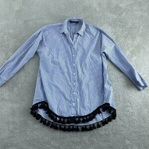 Zara Woman M Blue & White Striped Button-Up Shirt With Tassel Trim  5879